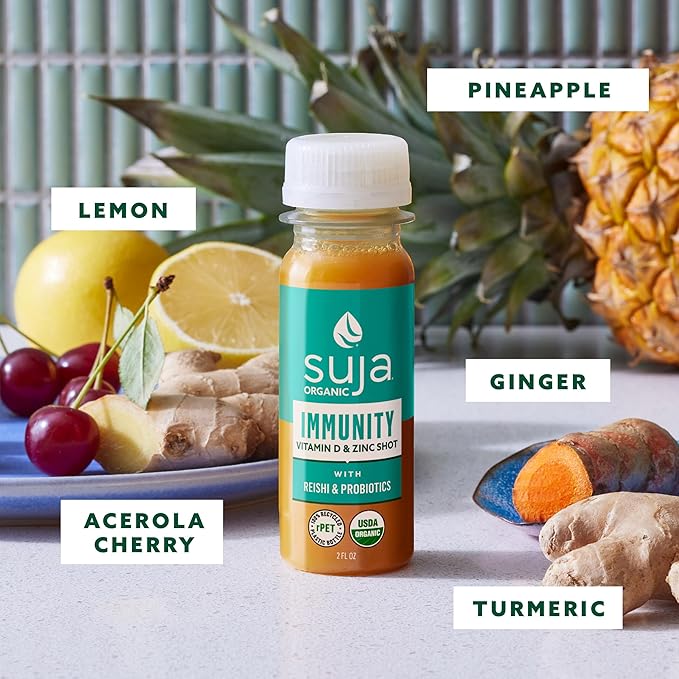 Suja Organic Ginger Turmeric/Reishi/Probiotics/Acerola Cherry to Support Immune Health 100% DV Vitamin D3 &amp Zinc &amp 150% Vitamin C Vitamin D Shot with Zinc 20 Count