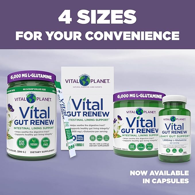 Vital Planet - Vital Gut Renew Capsules Supplement for Leaky Gut Repair with L-Glutamine Marshmallow and Ginger Root DGL Licorice Root and Organic Aloe Vera L Glutamine 1800mg 90 Capsules