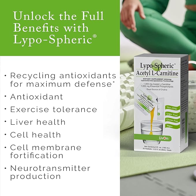 Lypo-Spheric Acetyl L-Carnitine – 1000 mg Acetyl L-Carnitine &amp Essential Phospholipids Per Packet – Liposome Encapsulated for Maximum Bioavailability – 100% Non-GMO - (30 Individual Packets)