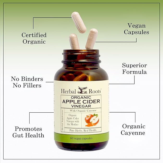 Herbal Roots Organic Apple Cider Vinegar Capsules with Mother and Organic Cayenne | 650 mg | 60 Vegan Capsules (Pack of 2)