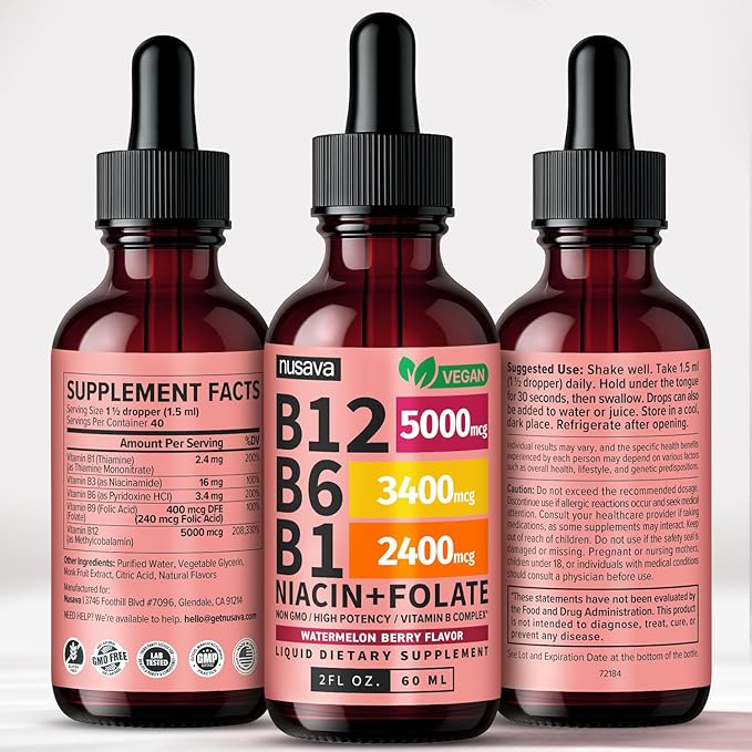 (2 Pack) Vitamin B12 and B6 Liquid Drops B12 Sublingual Vitamin B Complex - B 12 Vitamin 5000mcg - B12 Methylcobalamin for Energy Brain Heart Support with 27200 mcg Watermelon Berry 80 Servings