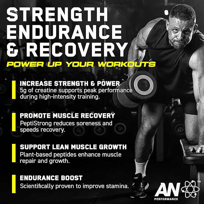 an Performance Creatine Monohydrate + Peptide | Micronized Powder | 5g Creatine 2.4g PeptiStrong | Vegan Gluten-Free Non-GMO | Workout Supplement for Men &amp Women | Unflavored | 60 Servings