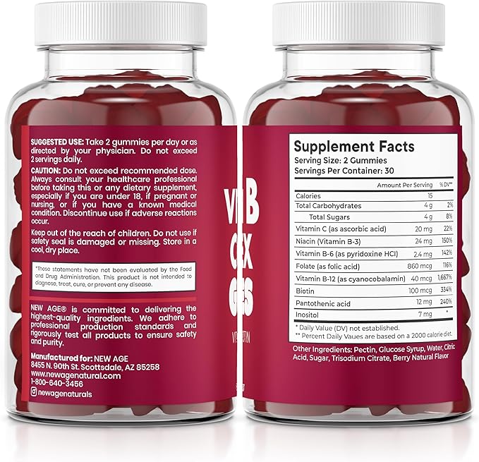 NEW AGE Vitamin B Complex Gummies with Vitamin B3 B5 B6 B7 B9 &amp B12 – with Biotin Folic Acid &amp Vitamin C – Gluten-Free Vegan Made in The USA! (60 Count (Pack of 1))