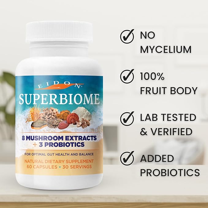 Eidon Ionic Minerals SuperBiome Mushroom Extract Supplement Mushroom Complex Capsules with Reishi Chaga Lions Mane Cordyceps Turkey Tail 30 Servings