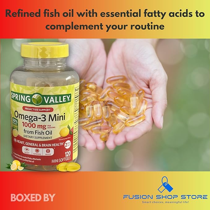 Omega 3 mini 1000mg- Fish Oil Softgels Natural Lemon falvor 120ct (Pack of 1) Boxed by Fusion Shop Store