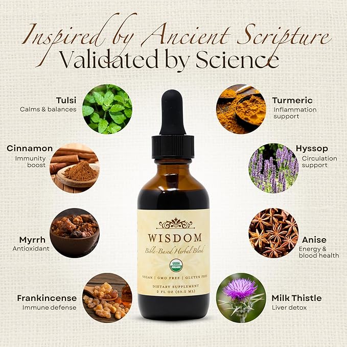 Organic Turmeric Frankincense and Myrrh – Herbal Supplement Blend for Energy Detox Focus Immunity &amp Stress – Non-GMO Vegan Tonic with Milk Thistle – Wisdom Bible Based Blend – 2oz Liquid Drops