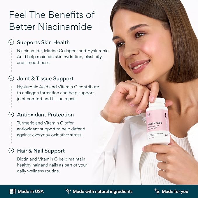 Bettervits Niacinamide Supplement with Vitamin B3 Marine Collagen &amp Hyaluronic Acid | High-Strength Vitamin B3 Capsules 300 mg. with Turmeric for Energy Metabolism &amp Skin Support - 60 Capsule