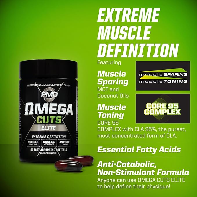 PMD Sports Omega Cuts Elite Fat Loss-Muscle Defining Formula - Omega Fatty Acids MCT's and CLA for Muscle Definition and Maintenance - Keto Friendly for Women and Men - Stimulant Free (90 Softgels)