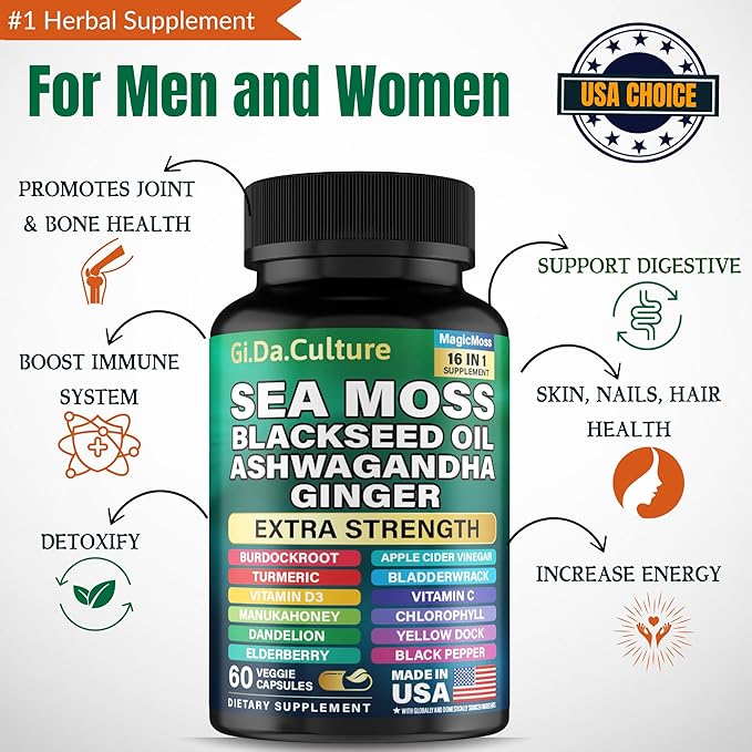 Sea Moss + Shilajit + NAD+ Capsules – Complete Cellular Health Energy Detox Immunity &amp Vitality Stack – 92 Minerals Fulvic Acid Anti-Aging – Vegan Supplement