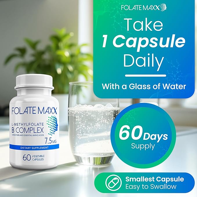 L Methylfolate 7.5mg with Active Vitamin B Complex – 60 Capsules – High Potency 5-MTHF with B6 Blend and Methyl B12 Supplement – 3-in-1 Non-GMO Gluten Free (2-Month Supply)