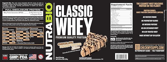 NutraBio Classic Whey Protein Powder- 25G Protein Per Scoop -No Fillers Artificial Colors Preservatives - Low Glycemic Index - (Chocolate Peanut Butter 5 Pounds)