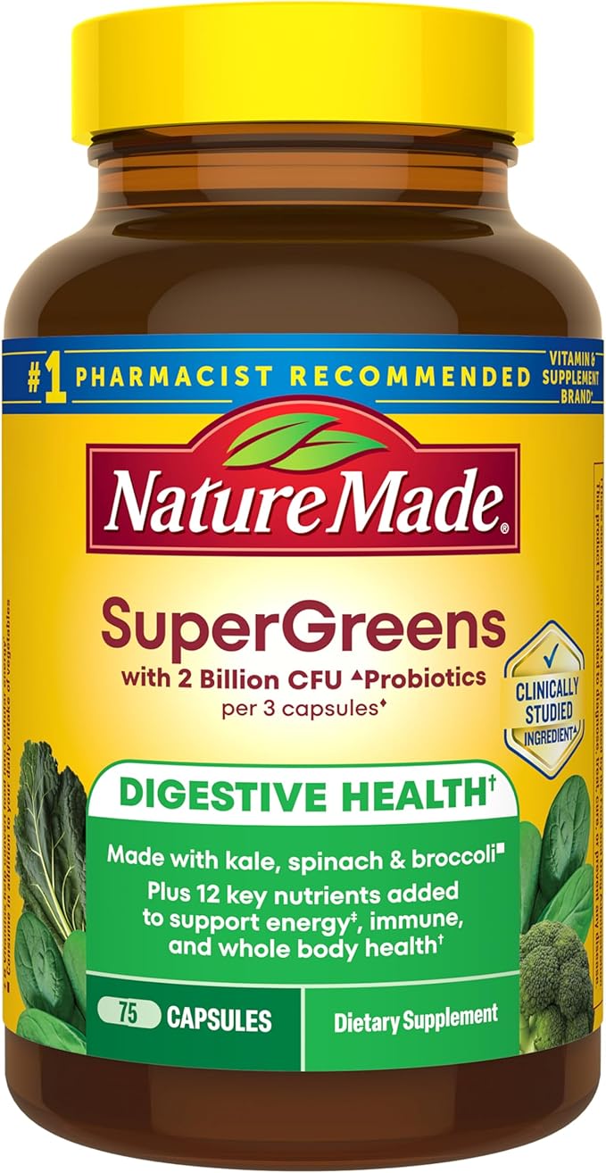 Nature Made Super Greens with Probiotic Capsules Made with 1/2 Cup Veggies Per Serving + Probiotics for Digestive Health 75 Capsules 25 Day Supply