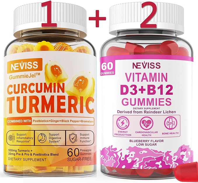 3 Pack Turmeric Curcumin + Vitamin D3 &amp B12 Gummies Vegan