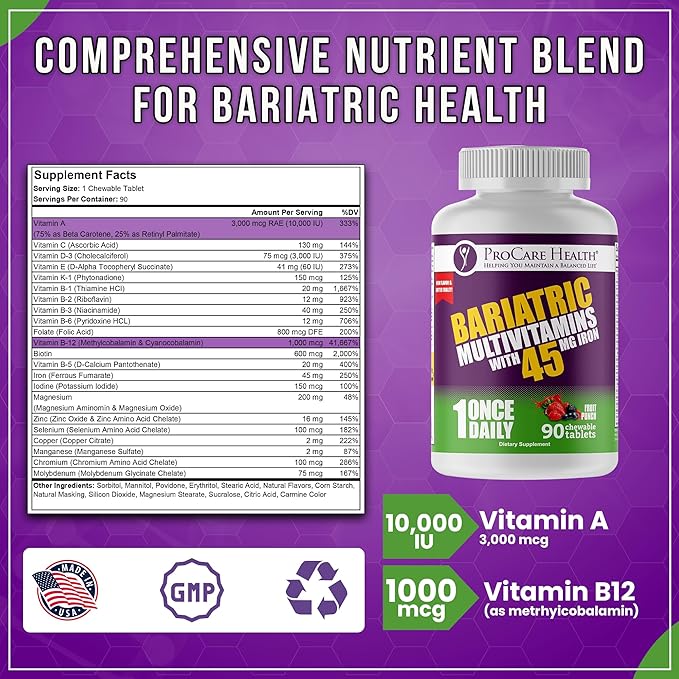 Procare Health Bariatric Multivitamin with Iron 45mg Chewable (90 Tablets) - Fruit Punch Flavor Bariatric Multivitamin Chewable Pills for Gastric Bypass &amp Sleeve Gastrectomy Patients (03 Month Sup