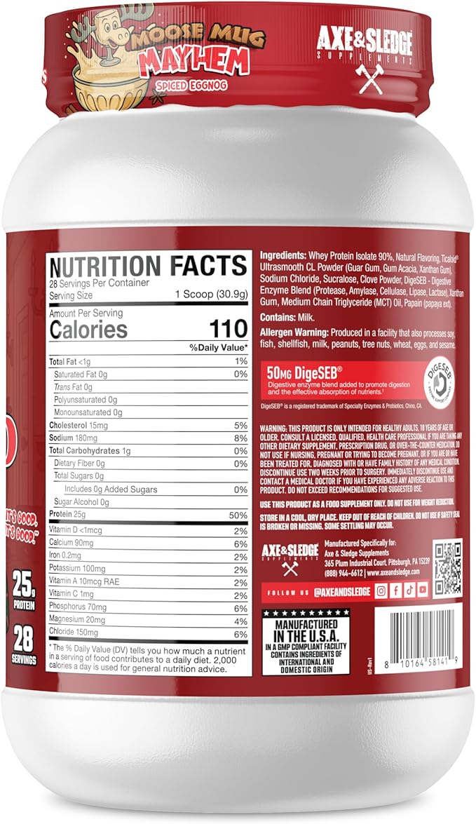 Axe &amp Sledge Farm Fed 100% Whey Protein Isolate | 25g Protein | Low Carb Low Sugar Gluten Free | Protein Powder for Men and Women | Keto | Moose Mug Mayhem Spiced Eggnog