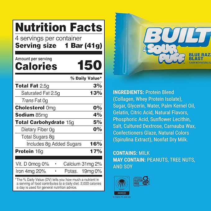 BUILT Bar Sour Puff Protein Bars - Variety Pack - 16g Protein Snack Bars with Collagen - Calorie Conscious &amp Gluten Free - 12 Count