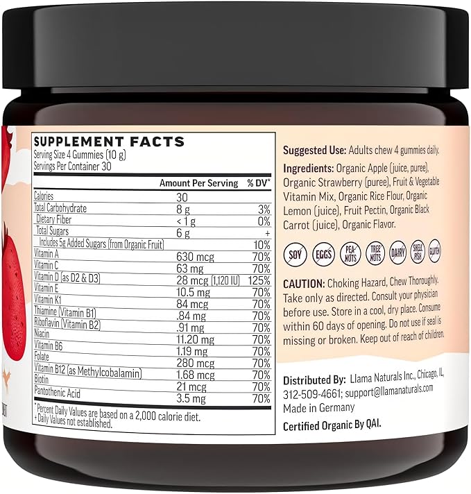 Llama Naturals Multivitamin for Women Vegan Organic Gummies with Vitamin D C and K Women's Real Fruit Gummy Vitamins Chewable Multivitamin Supplement No Added Sugar Cane Strawberry 120 Ct