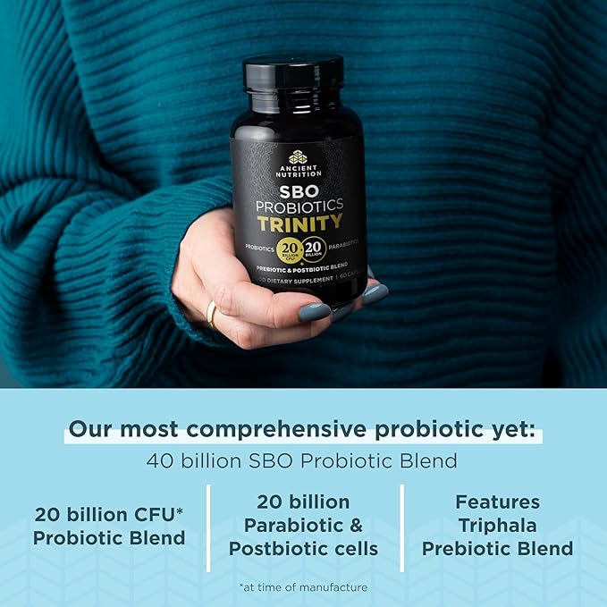 Ancient Nutrition SBO Probiotic Trinity Daily Care Probiotics for Digestive Health 40 Billion Blend of Prebiotics Probiotics Postbiotics and Parabiotics Reduces Occasional Bloating 60 Count