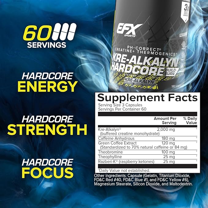 EFX Sports Kre-Alkalyn Hardcore | Thermogenic pH Correct Creatine Monohydrate Pill Supplement | Energy &amp Strength Pre Workout | 60 Servings 180 Capsules