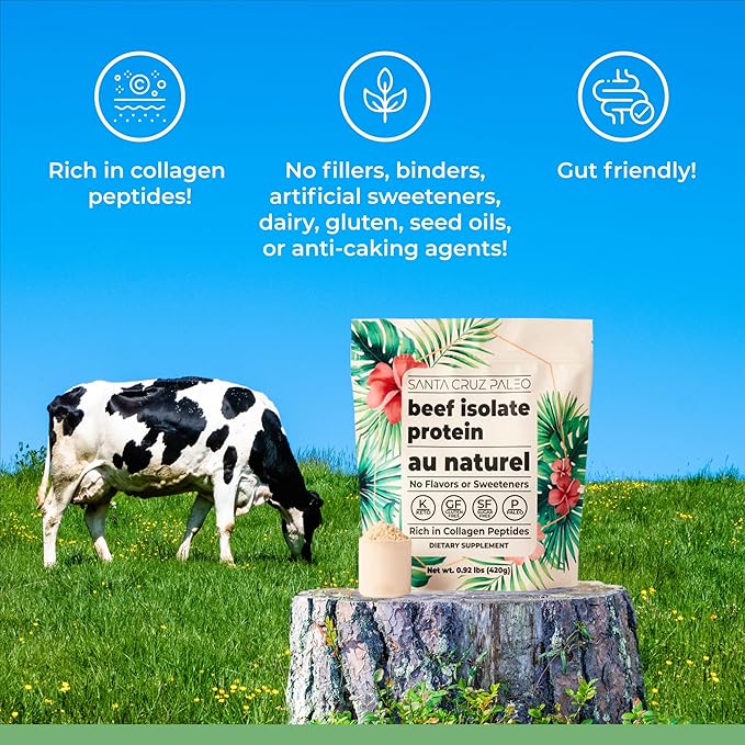 Santa Cruz Paleo Beef Isolate Protein Powder Au Naturel Rich in Collagen Peptides for Protein Shakes or Smoothies Gluten Free Keto Paleo Unflavored Unsweetened1.1lbs (20g Protein Per Serving)