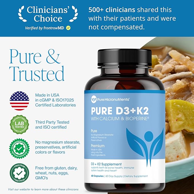 Pure Micronutrients Vitamin D3 K2 Supplement | MK7 100mcg D3 5000 iu Calcium + BioPerine | Muscle &amp Bone Health Heart Immunity &amp Energy Support | Vegan | 60 Capsules