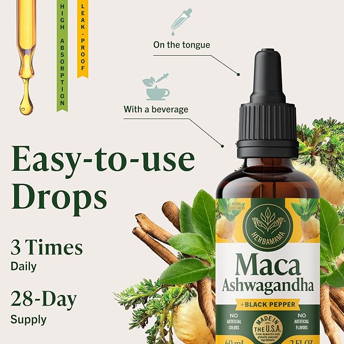 HERBAMAMA Ashwagandha Maca Drops - Vegan Mood Support &amp Overall Well-Being with Ashwagandha and Maca Root Extract Tincture - Non-GMO Alcohol &amp Sugar-Free Women &amp Men Support Supplement 2