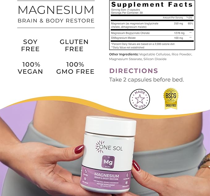 One Sol Magnesium 1378 mg Dual Source Magnesium Bisglycinate for Sleep Relaxation and Full Body Recovery High Absorption Vegan Non-GMO Gluten &amp Soy-Free Made in USA 60 Capsules