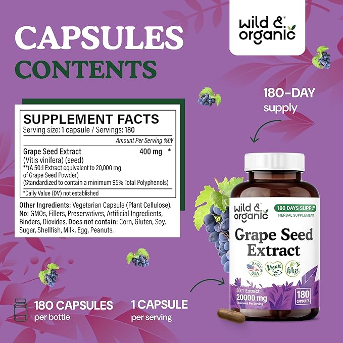 Wild &amp Organic Grape Seed Extract Capsules - 20000 mg Strength Grapeseed Extract Equivalent - 95% Polyphenols - 400 mg per Serving - 180 Vegan Capsules - 6 Month Supply - Non-GMO