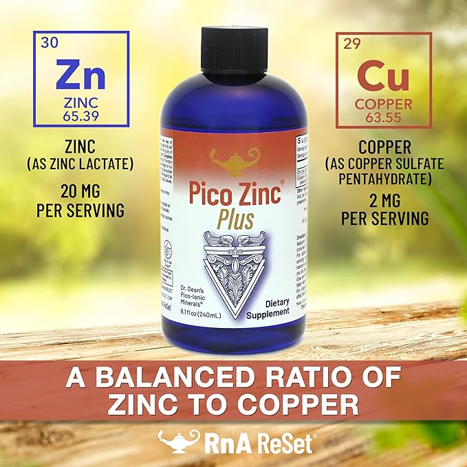 RnA ReSet Pico Zinc Plus – Liquid Zinc &amp Copper Supplement Pico-Ionic Mineral Solution 8.1 Fl Oz (1-Pack) NSF Contents Certified Immune Support Skin Health Cellular Health Vegan