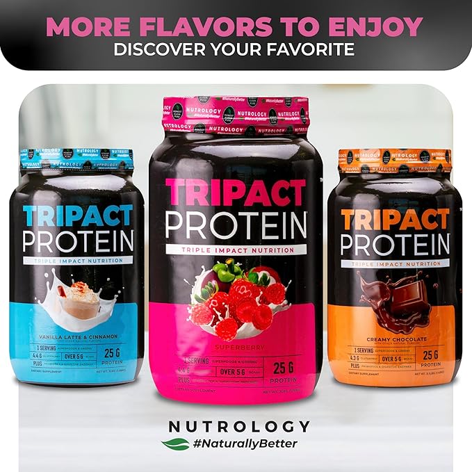 Nutrology TRIPACT Protein Powder - 7-in-1 Meal Replacement Shake with Grass Fed Whey Protein Powder Pea Rice Greens for Muscle Recovery &amp Immunity Superberry Flavor 40 Servings