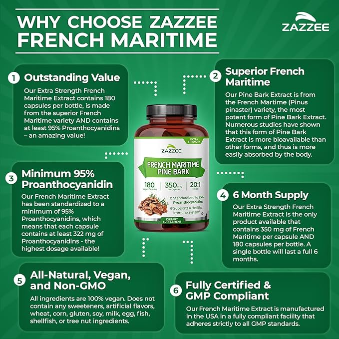 Zazzee Extra Strength French Maritime Pine Bark Extract 20:1 350 mg Per Capsule 95% Proanthocyanidins 180 Vegan Capsules 6 Month Supply Certified Kosher Antioxidant Support Non-GMO Made in USA