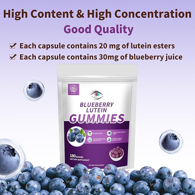 Blueberry Lutein Eye Vitamins Gummies with 180 Count - 3 Month Supply Vegan Eye Health Supplement for Kids and Adult Lutein Gummies for Vision Clarity and Blue Light Support