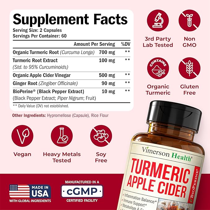 Organic Apple Cider Vinegar with Turmeric Curcumin Supplement &amp Ginger for Digestive Health Metabolism Energy &amp Joint Support – Organic Turmeric &amp Apple Cider Vinegar Capsules – 120 Vega