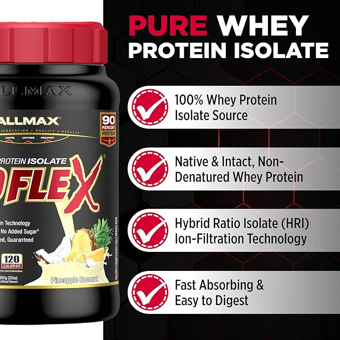 ALLMAX ISOFLEX Pure Whey Isolate Protein Powder - Gluten Free Low Lactose Sugar-Free - High-Protein Clean Keto-Friendly Pre Post Workout Supplement for Women and Men | Pineapple Coconut 2lb