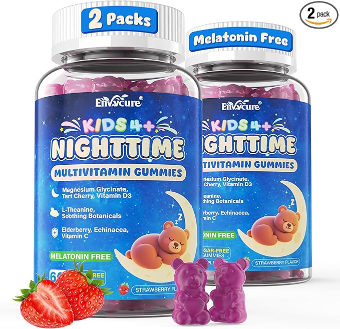 Kids 4+ Nighttime Multivitamin Melatonin Free Sleep Aid Gummies w/Magnesium Glycinate Saffron L-Theanine Calcium Inositol D3+K2 Zinc Supports Calm Mood Brain Bone &amp Immune Sugar Free 2