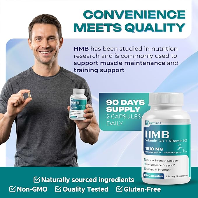 Liposomal HMB + Vitamin D3 &amp K2 – 1910mg Max Absorption – Muscle Energy &amp Performance Support – 3-Month Supply – 180 Capsules – Non-GMO Gluten-Free