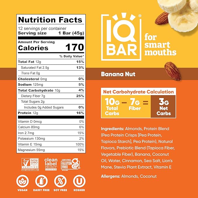 IQBAR Clean Plant Protein Bars - Banana Nut - 12 Count - Keto Vegan High Fiber Gluten and Dairy Free Low Sugar Snack - Brain and Body Nutrients for Focus Energy Meal Replacement