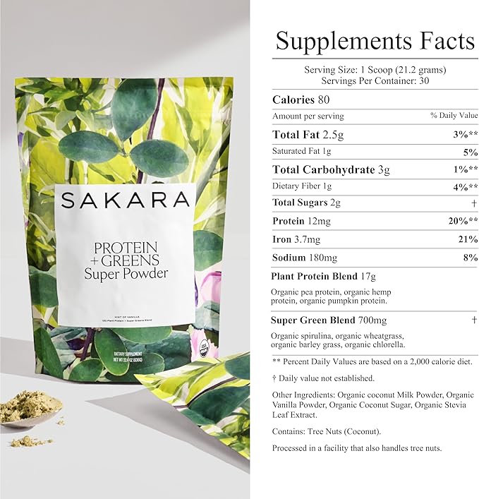 SAKARA Protein + Greens Super Powder – 30 Servings Organic Plant-Based Blend with Hemp Pumpkin Pea Protein Wheatgrass &amp Spirulina Vegan Superfood Drink Mix
