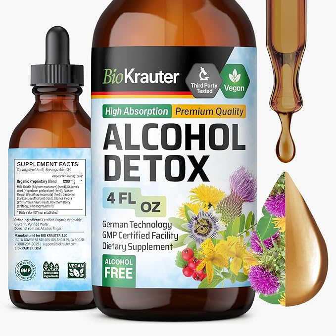 BIO KRAUTER® 6-in-1 Alcohol Detox - Vegan Liver Support Supplement - Milk Thistle Dandelion Root Chanca Piedra Hawthorn Berry 1200 mg per Serving 4 Fl.Oz. 56-Day Supply Alcohol &amp Sugar Free