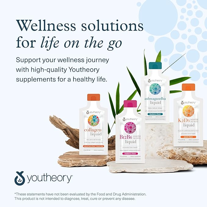 Youtheory Ashwagandha Liquid - Uses KSM-66 - Ashwagandha Supplement to Support Stress Relief* - Vegan - Dairy Soy &amp Gluten Free - 12 Single-Serving Packets (Pack of 2)
