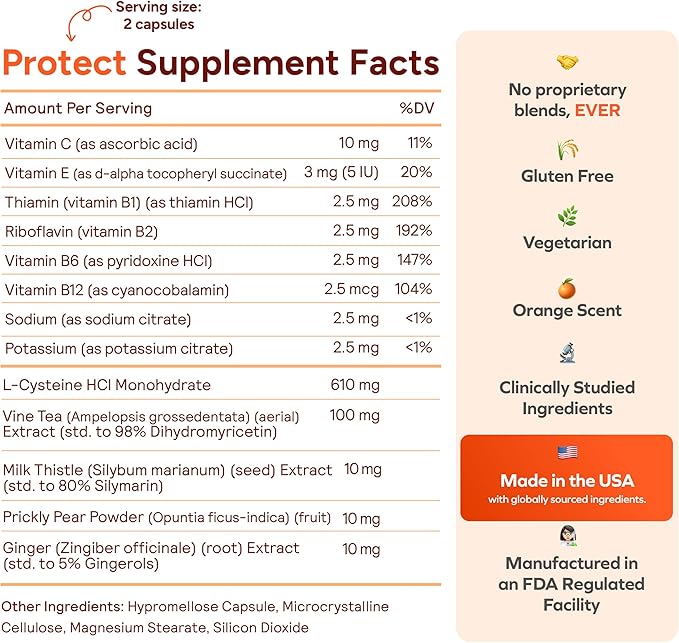 Cheers Protect | Daily Liver Supplement for Drinkers with L-Cysteine + DHM | Increase Glutathione Levels | 90 Doses | Cysteine Dihydromyricetin Milk Thistle Prickly Pear B-Vitamins Ginger
