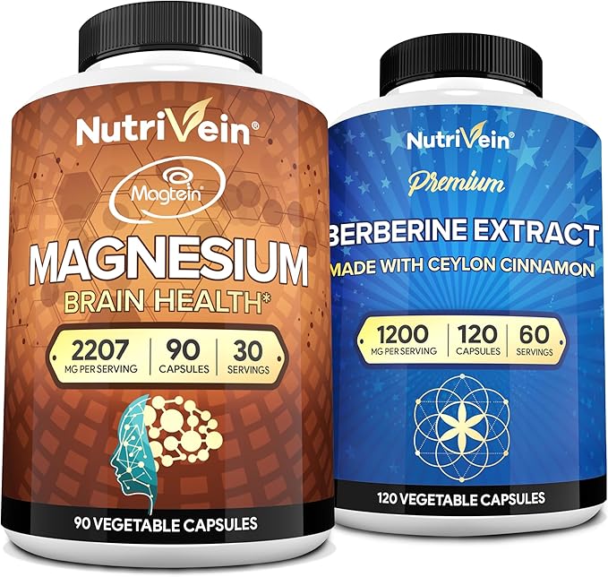 Nutrivein Premium Magnesium L-Threonate &amp Berberine Supplement Bundle: High Absorption Berberine HCL + Magnesium Threonate Supplement Pair for Digestion Rest and Well-Being