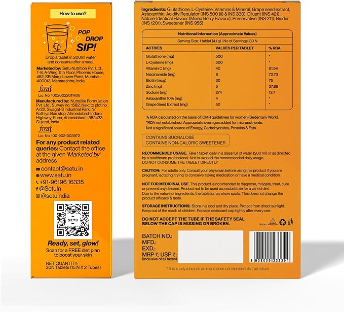 SETU Glutathione Effervescent Tablets with 500mg L-Glutathione &amp Vitamin C | Sugar-Free Antioxidant Supplement | Mixed Berry &amp Orange (Pack of 6) | 90 Tablets