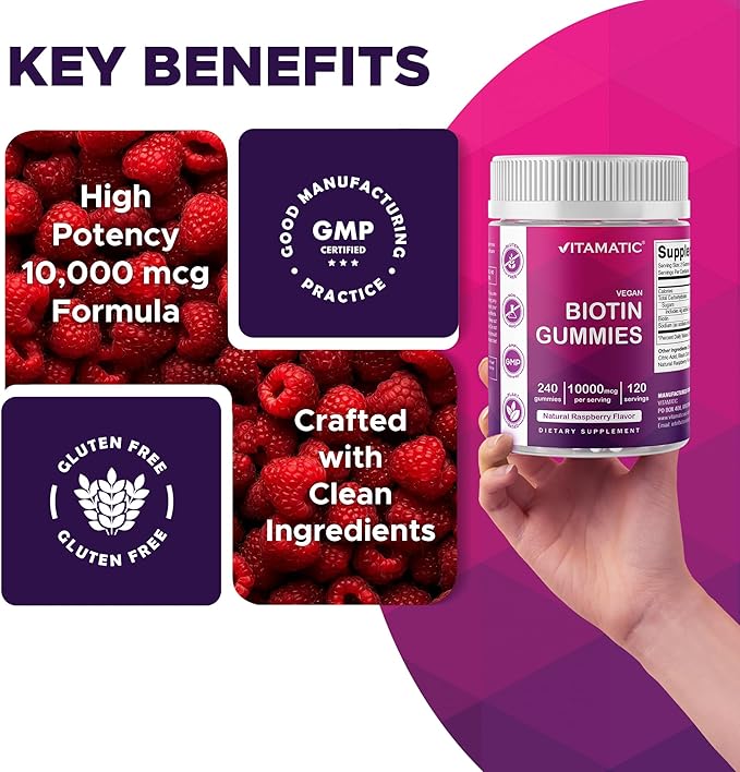 Vitamatic Biotin Gummies 10000 mcg for Stronger Hair Skin &amp Nails - 240 Vegan Gummies - Also Called Vitamin B7