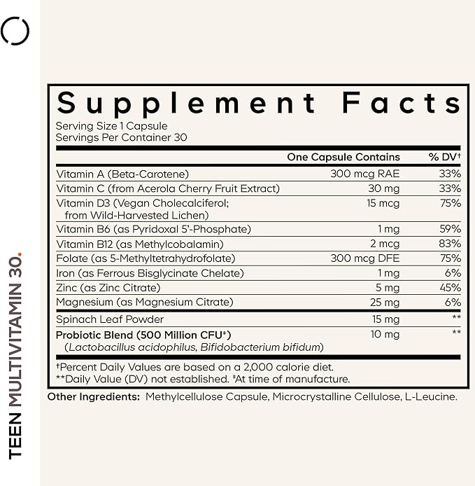 Codeage Teen Multivitamin - Vitamins A C D3 B6 B12 Folate Zinc Magnesium Iron Probiotics Fermented Spinach - Multivitamins for Teenage Boys and Girls - Non-GMO Gluten-Free - 30 Capsules