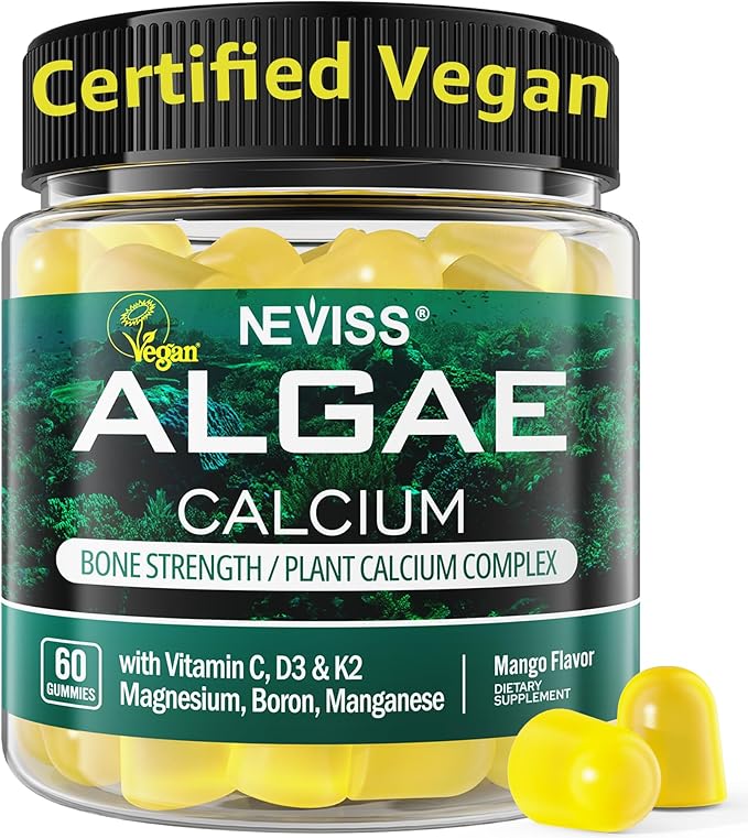 Calcium Gummies for Women + Magneisum Vitamin D3 K2 C Zinc Boron Sustainable Algae (3rd Party Tested) for Bone Strength Nerve Calcium Absoption Sugar Free Calcium Supplement Vegan 60 Counts