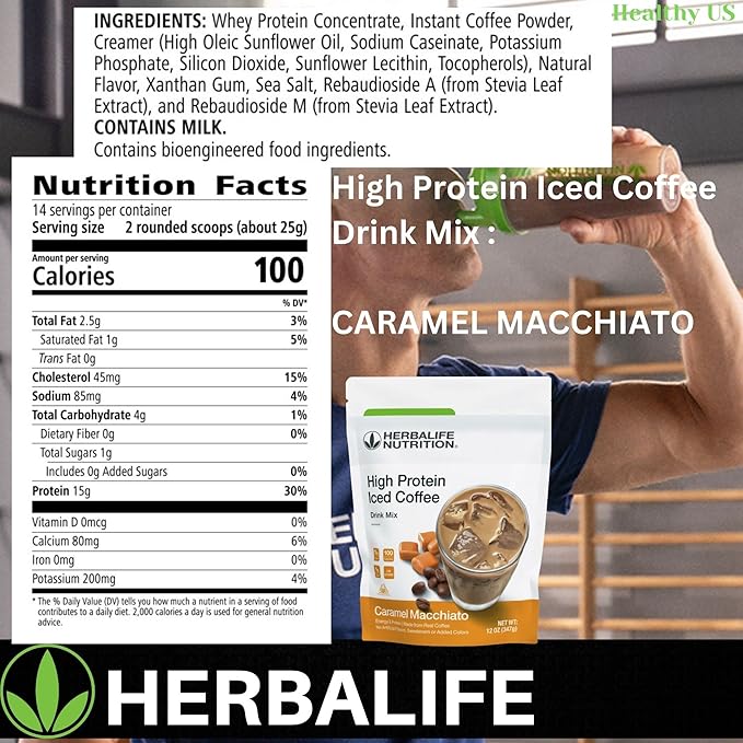 HERBALIFE NUTRITION High Protein Iced Coffee Drink Mix: (Caramel Macchiato 12 oz 347g) Energy and Protein Made From Real Coffee Low fat c