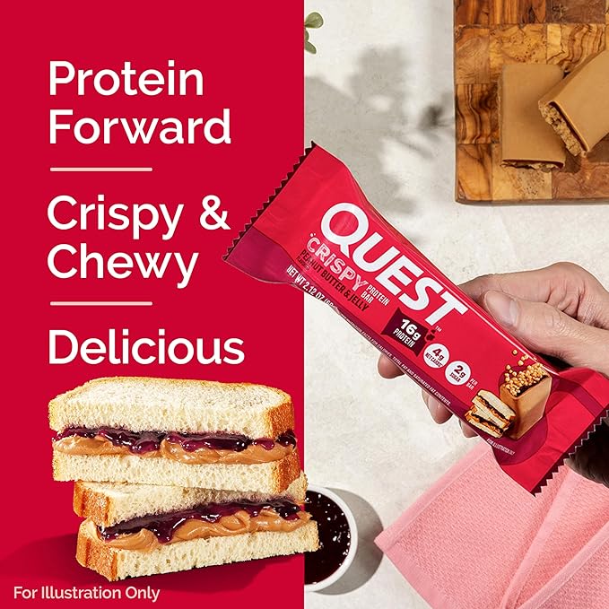Quest Nutrition Crispy Peanut Butter &amp Jelly 16g Protein Bar 2g Sugar 4g Net Carbs Gluten Free Snack Keto Friendly 12 Count