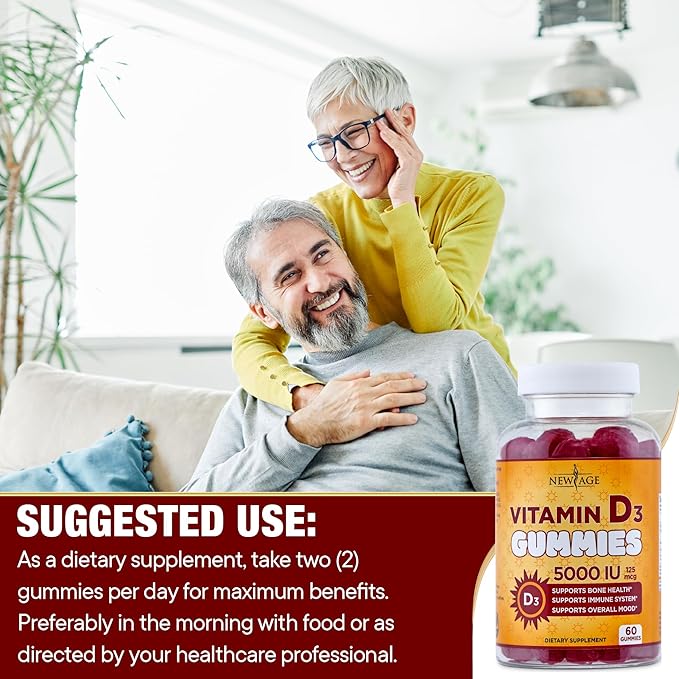 NEW AGE Vitamin D3 5000 IU 125mcg Gummies - Immune Supplement - Non-GMO Gluten-Free Dairy-Free No Gelatin (120 Gummies (Pack of 2))