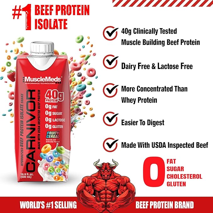 MuscleMeds Carnivor RTD Ready to Drink Protein Lactose Free Sugar Free 40g Isolate Protein Muscle Building Recovery Halal Certified Fruity Cereal 16.9 Fl Oz (Pack of 12)